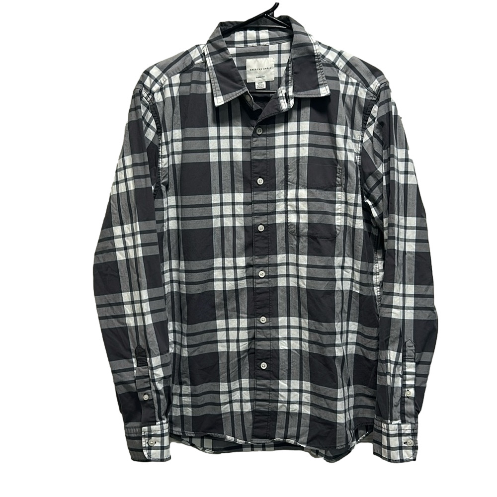 American Eagle Classic Fit Gray and White Long Sleeve Button Up Shirt Sz Medium